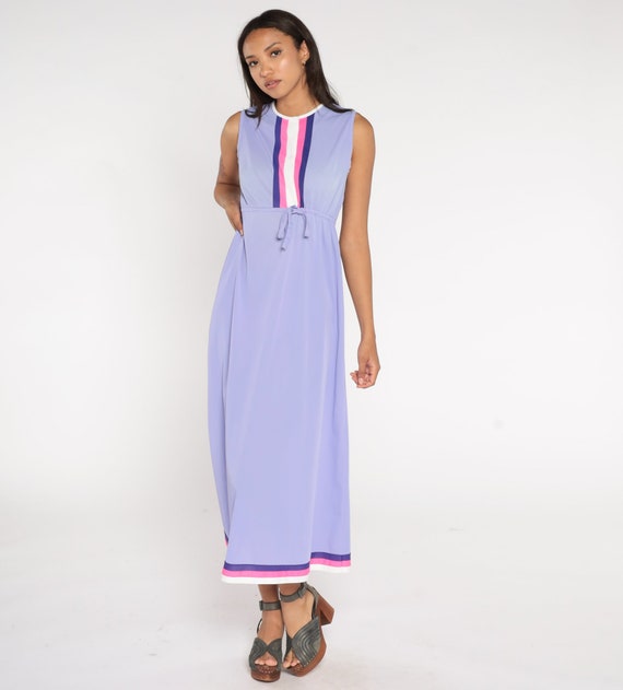 70s Nightgown Lingerie Lavender Purple Slip Dress Mod Maxi Boho Striped Sleeveless Lounge Wear Nightgown Nylon Vintage Medium