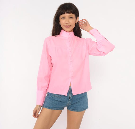 70s Bubblegum Pink Disco Blouse Mandarin Collar Button Front Shirt Alice Stuart Long Sleeve Rose High Neck Top Balloon Cuff Vintage Small S