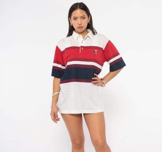 Mickey Mouse Polo 90s Striped Rugby Shirt Red Cream Colorblock Disney Embroidered Collared Tee Preppy Collegiate Vintage White Top Medium M