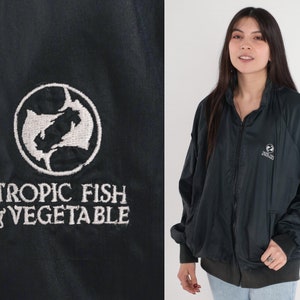 80s Bomber Jacket Black Tropic Fish and Vegetable Uniform Jacket Zip Up Windbreaker Hawaii Baseball Jacket Nylon Vintage 1980s Mens Large L