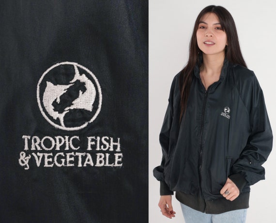 80s Bomber Jacket Black Tropic Fish and Vegetable Uniform Jacket Zip Up Windbreaker Hawaii Baseball Jacket Nylon Vintage 1980s Mens Large L