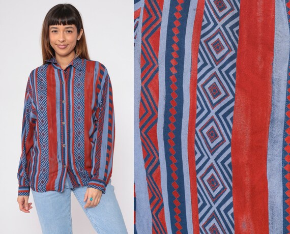 Geometric Blouse 90s Button up Shirt Striped Diamond Print Long Sleeve Collared Top Southwestern Blue Red Vintage 1990s Bonnie Bryant Medium