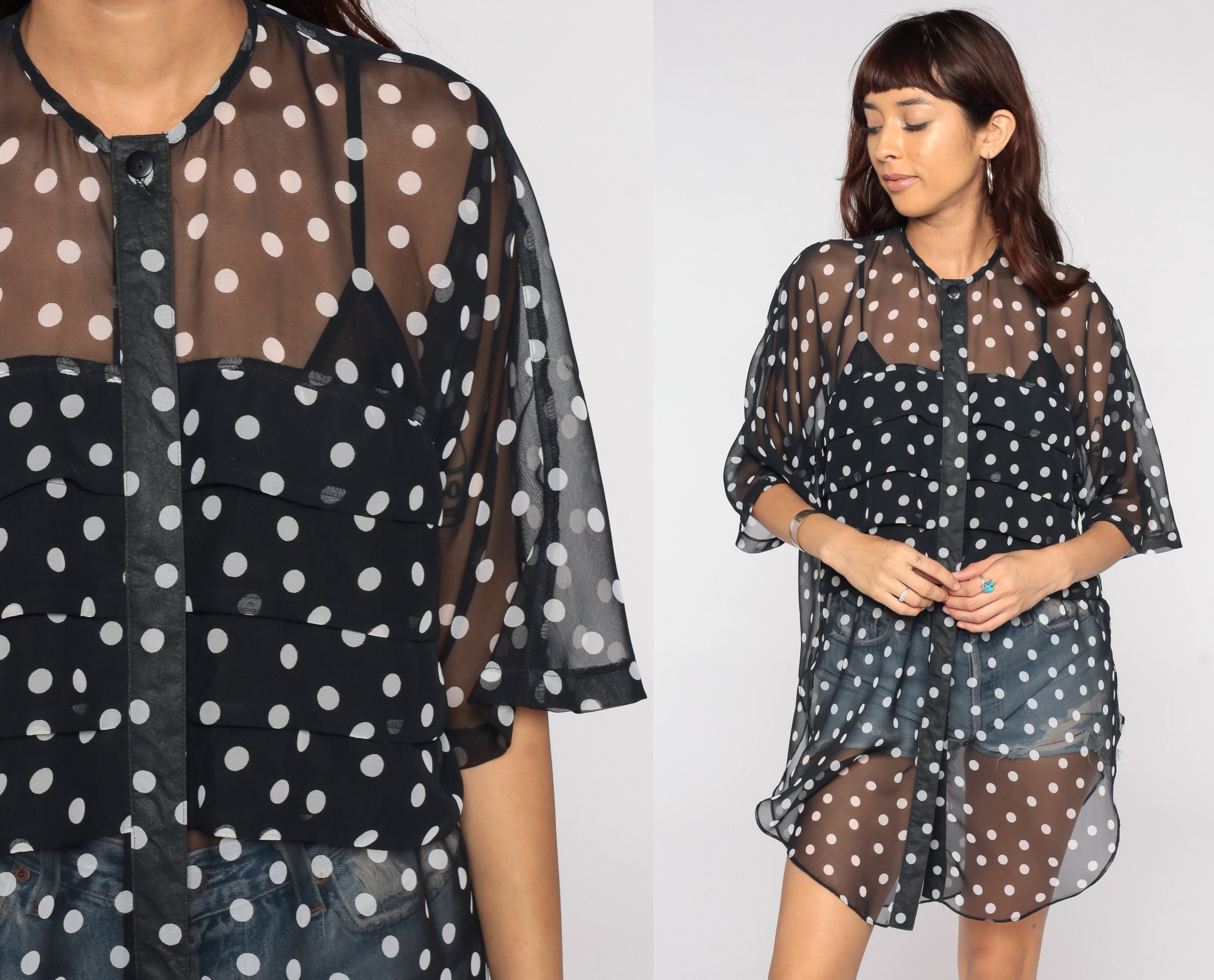 Sheer Black Blouse Longline Polka Dot Shirt Top Short Sleeve - Etsy