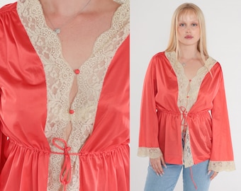 70s Pajama Top Coral Lace Lingerie Shirt Long Wide Sleeve Button Up Bed Jacket Retro Bohemian Sleep Shirt Lounge Top Vintage 1970s Medium M
