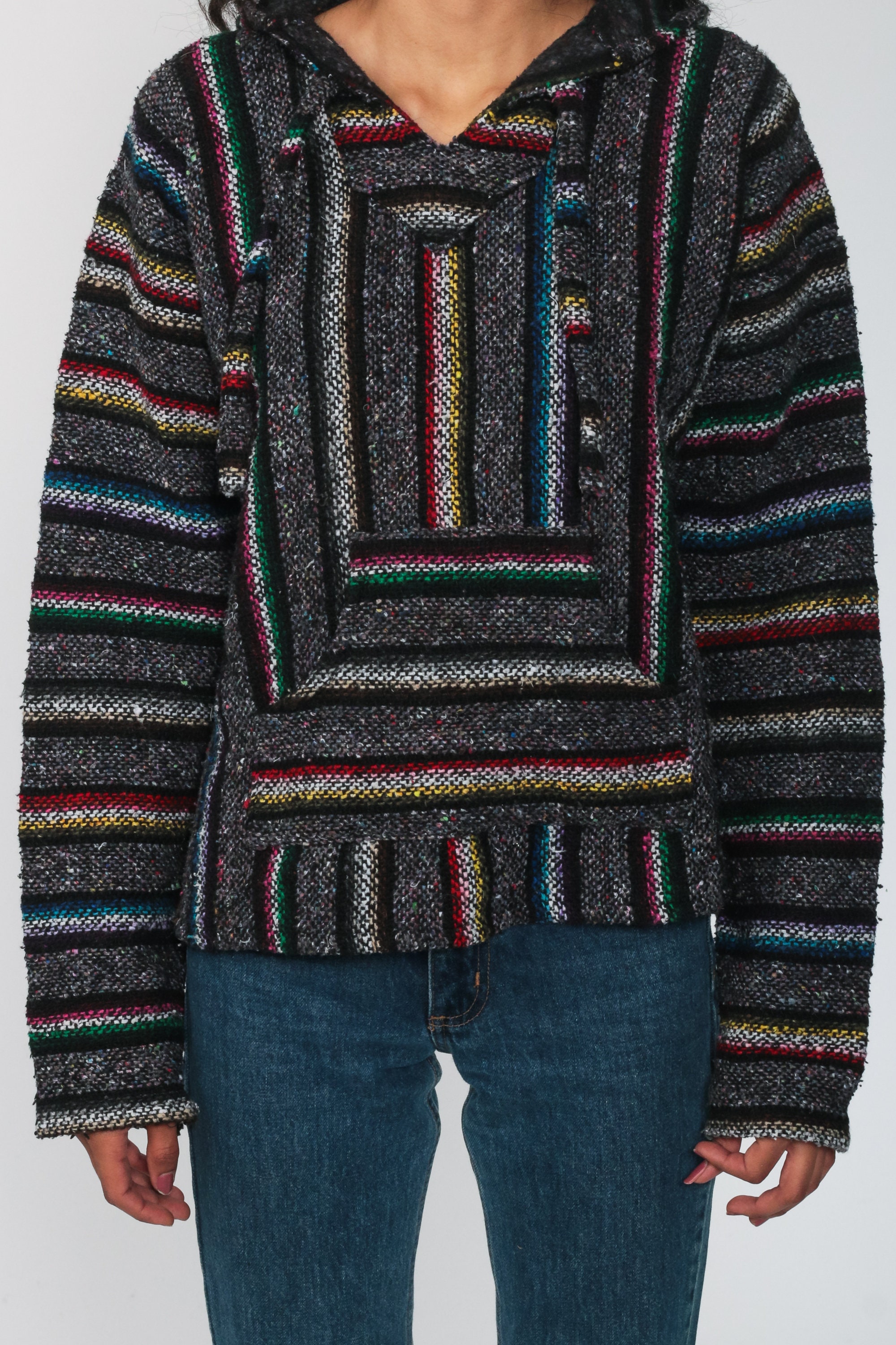 Rainbow Drug Rug Baja Hoodie Mexican Sweatshirt Hippie Boho Hooded Blue Vintage Blanket Stripe 