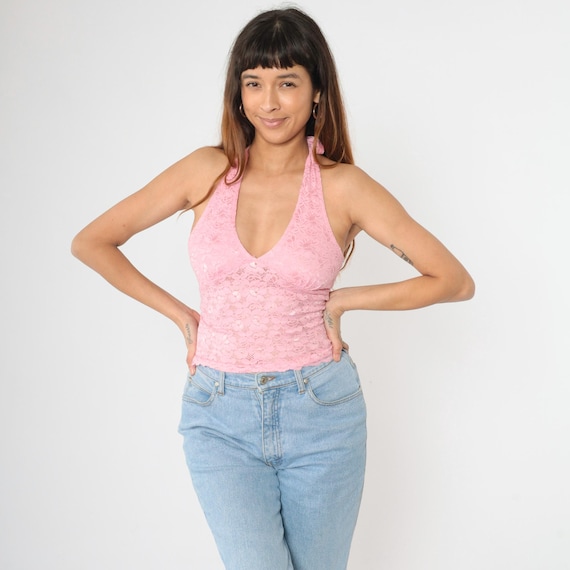 Y2K Halter Top Pink Lace Tank Top Deep V Neckline Tight Sleeveless Crop Top Stretchy Going Out V Neck Low Back Shirt 00s Medium