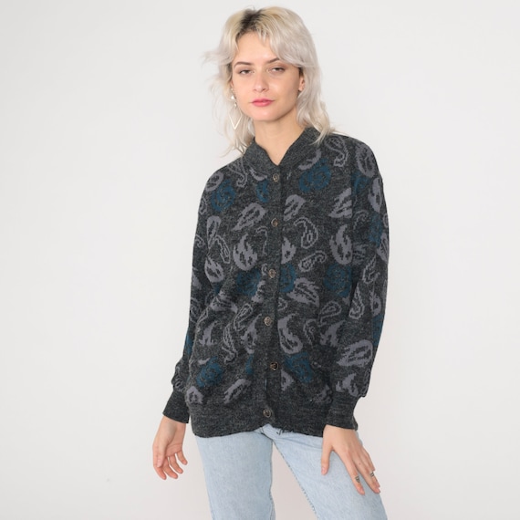 Grey Paisley Cardigan 90s Button up Knit Sweater Floral Rose Leaf Print Hippie Retro Blue Grunge Slouchy Boho Wool Blend Vintage 1990s Small