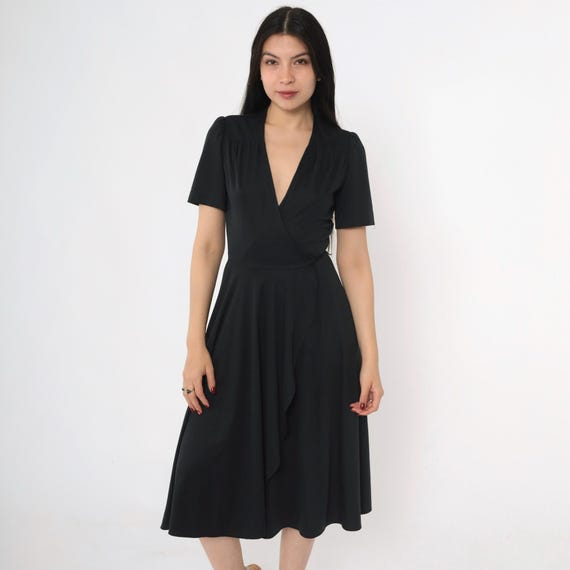 Vintage Black Wrap Dress 70s Party Puff Sleeve Midi Boho High Waisted V Neck 1970s Plain Disco Dress Young Edwardian Arpeja Bohemian Small S