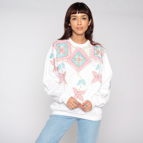 Graphic Floral Sweatshirt Hand Panted Beaded Shirt 90s Sweatshirt Flower Print White 1990s Vintage Large