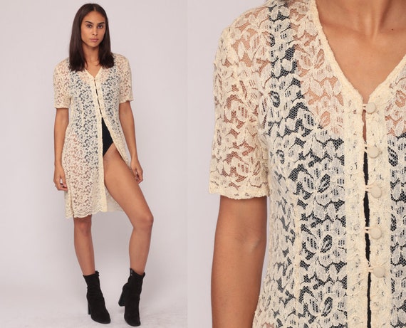 Sheer Lace Jacket Cream Lace 80s Boho Blouse SCALLOP Kimono 1980s Retro Bohemian Vintage Festival Button Up Short Sleeve Small