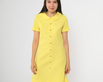 60s Mod Mini Dress Yellow Peter Pan Collar Shift Vintage Short Sleeve Textured 1960s Gogo Sixties Twiggy Plain 70s Minidress Small S