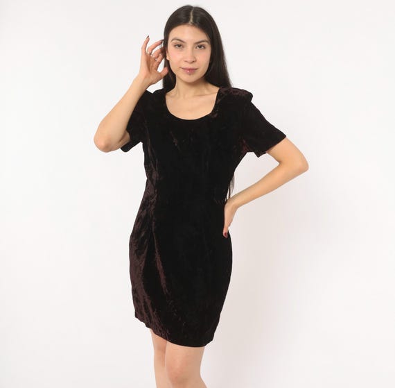 90s Crushed Velvet Mini Dress Burgundy Wine Short Sleeve Bodycon Dark Fitted Cocktail Party Black Cherry Evening Going Out Vintage Small S
