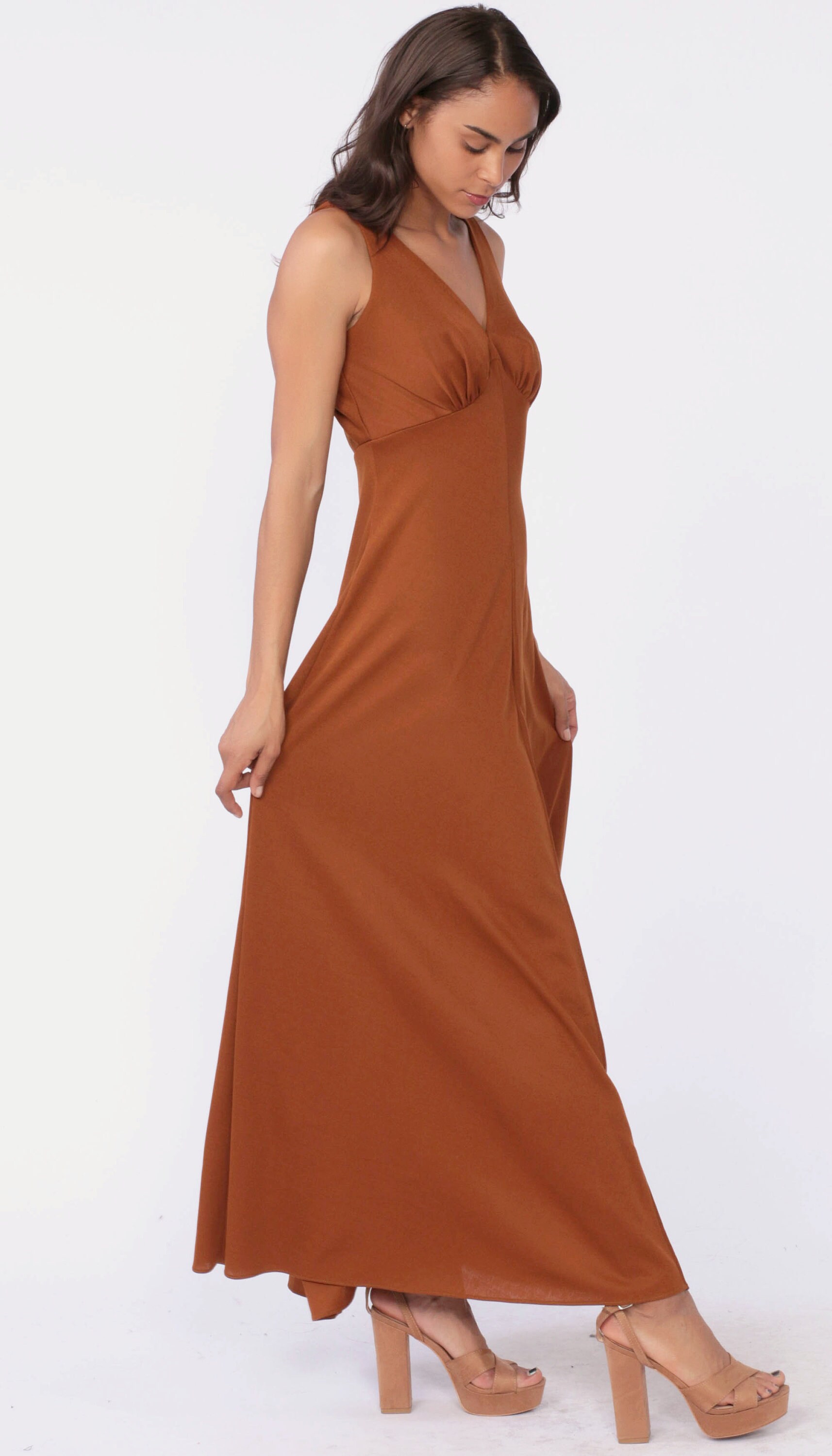 Long Brown Dress 1970s Maxi Party GRECIAN Dress 70s Plunging Neckline ...