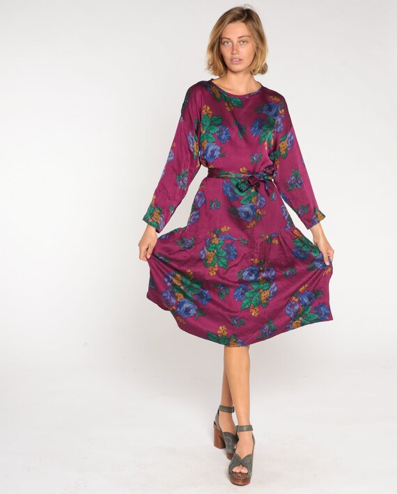 Purple Floral Dress 90s Midi Dress Long Sleeve High Waisted Tie Belt Bow Retro Flowy Drop Waist Flower Print Secretary Vintage 1990s Medium