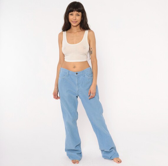 80s Sky Blue Corduroy Pants Flare Leg Bell Bottom Powder Blue Trousers Straight Hip Vintage Cord Jeans Boot Cut Baby Blue Unisex 34x34