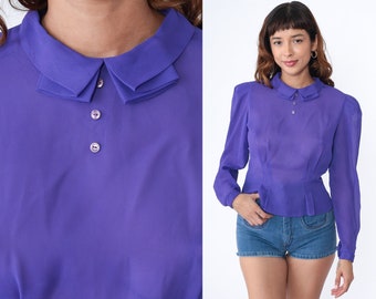 80s Sheer Purple Blouse Puff Sleeve Shirt Chiffon Button Back Shirt Peter Pan Collar Top Vintage Long Sleeve Blouse Peplum Retro 1980s Small