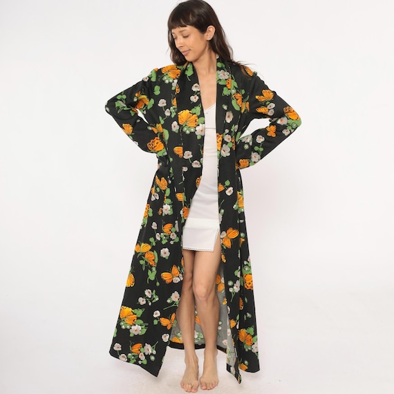 70s Butterfly Robe Black Orange White Green Floral Maxi Duster Open Front Kimono Wrap Tie Cottagecore Fairy Psychedelic Vintage  Large L