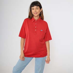 Vintage Lacoste Polo Shirt 80s Red Izod CROCODILE Short Sleeve 1980s Retro Plain Half Button Up Cotton Medium Large