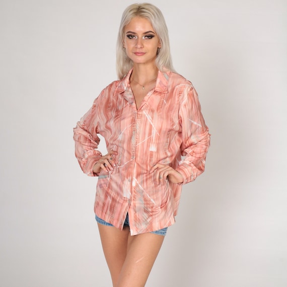 Pink Disco Shirt 70s Abstract Brushstroke Print Button Up Top Retro Groovy Seventies Blouse Boho Long Sleeve Vintage 1970s Extra Large xl