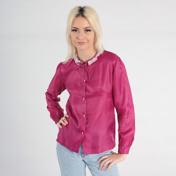 80s Puff Sleeve Blouse Raspberry Pink Top Lace Collar Button Up Shirt Bow Neck Secretary Party Vintage 1980s Long Sleeve Small S