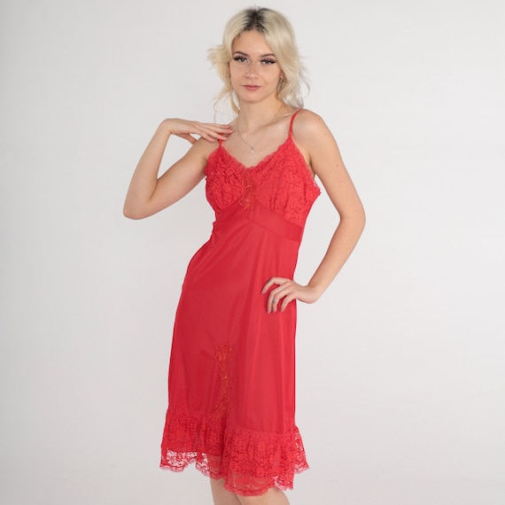 Red Slip Dress 70s Lingerie Nightgown Lace Midi Floral 1970s Vintage Floral Applique Nylon Boho Empire Waist Bohemian Spaghetti Strap Medium