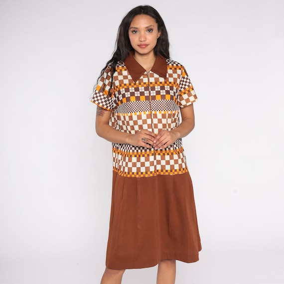 60s Mod Dress Checkered Brown Front Zip Midi Plaid Dress SCOOTER Drop Waist Dress 70s Vintage Short Sleeve Minidress Gogo Extra Large xl