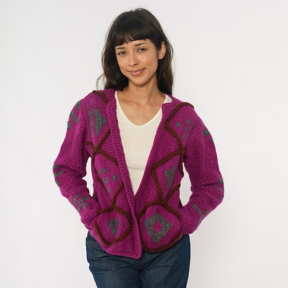 Purple Argyle Cardigan 90s Wool Diamond Pattern Southwest Chunky Knit Magenta Fuchsia Vintage Sweater Aztec Tribal Gray Brown Trim Small S