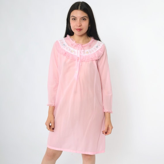 Vintage Sheer Pink Nightgown 60s Ruffle Lace Collar Floral Embroidery Long Sleeve Nylon Peignoir 70s Lingerie Robe Style Button Up Small S