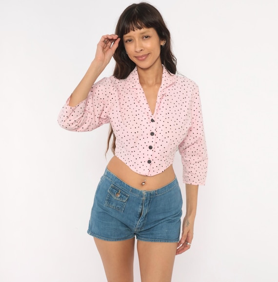 Polka Dot Crop Top 90s Pink Button Front Blouse Lace Up Back Corset Style Three Quarter Sleeve Cotton Shirt Coquette Pin Up V Neck Small S