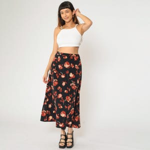 Vintage Blumenrock A-Line Rock 90er Jahre Maxirock Hoch taillierte Schwarz Rost Orange Boho Hippie Sommer Retro 1990er Jahre Small Medium