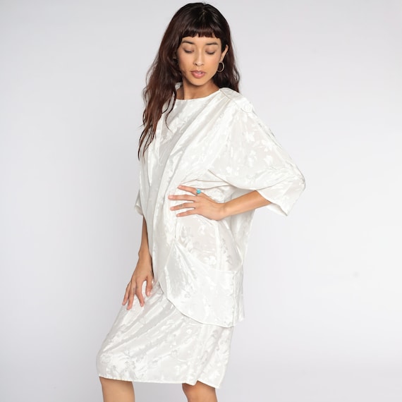 80s Floral Dress White Embossed Dress Draped Pleated Midi Dress Panel Pencil Dress Shift 1980s Long sleeve Vintage All That Jazz Medium