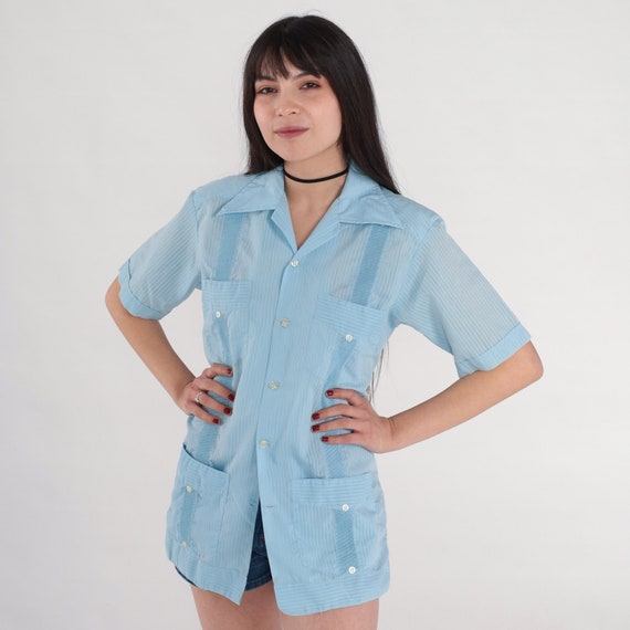 Blue Striped Shirt 70s Button Up Shirt Semi-Sheer Retro Preppy Collared Top Dagger Collar Short Sleeve Cargo Pocket Vintage 1970s Mens Small
