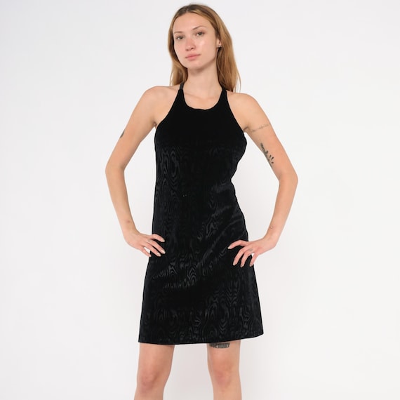 90s Velvet Halter Dress Black Crossback Strap Mini Swirl Pattern Sleeveless Club Going Out Cocktail Party Evening Fitted Waist Women Small S