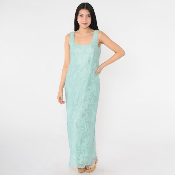 Vintage Seafoam Net Lace Dress 90s Floral Embroidered Maxi Grunge Scoop Neck Bohemian Summer Party Sleeveless Lined Sun Dress Small S