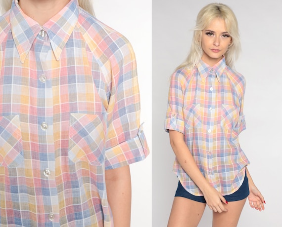 70s Checkered Blouse Pastel Plaid Button up Top Dagger Collar Shirt Short Sleeve Retro Collared Pink Yellow Blue White Vintage 80s Small S