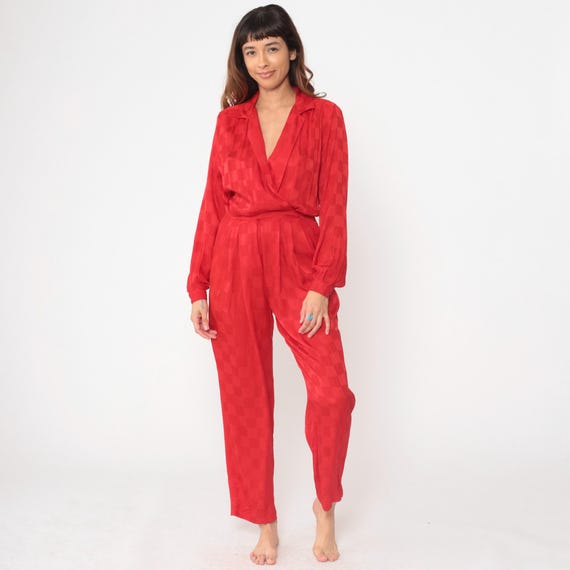 Red Silk Jumpsuit 90s Liz Claiborne Wrap Front Long Sleeve Belted One Piece Romper Vintage 1990s Small S 28 Designer Silk