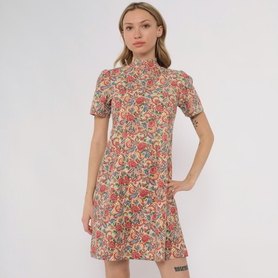 70s Floral Dress Paisley Print Mock Neck Short Sleeve Midi Red Blue Green Cream Cotton Vintage A Line  Handmade Cottagecore Extra Small XS