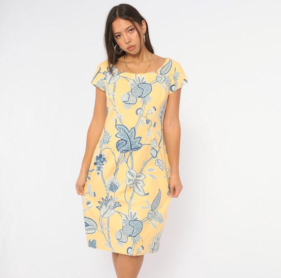90s Yellow Floral Dress Maggy L Blue Botanical Cap Sleeve Square Neck Sheath Shift Fitted Garden Party Summer Cottagecore Vintage Medium M