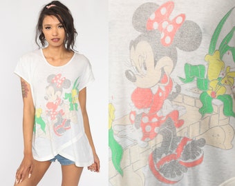 Minnie Mouse Shirt 80s Disney TShirt Faded Burnout Shirt Graphic Tropical Cartoon T Shirt Sheer Vintage 1980s Kawaii Large