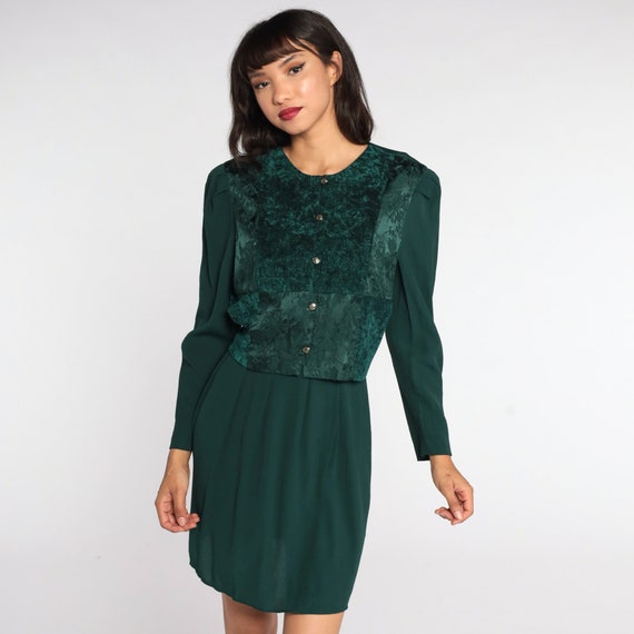 Vintage Green Mini Dress Button Up Dress Puff Sleeve Floral Embossed Dress 80s Secretary Long Sleeve 1980s Preppy High Waist Size Large L