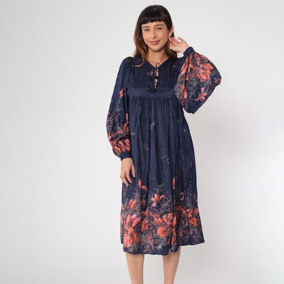 Vintage 70s Phool Silk Boho Dress Navy Blue Indian Floral Block Print Long Sleeve India Dress 1970s Hippie Peasant Festival Small Petite