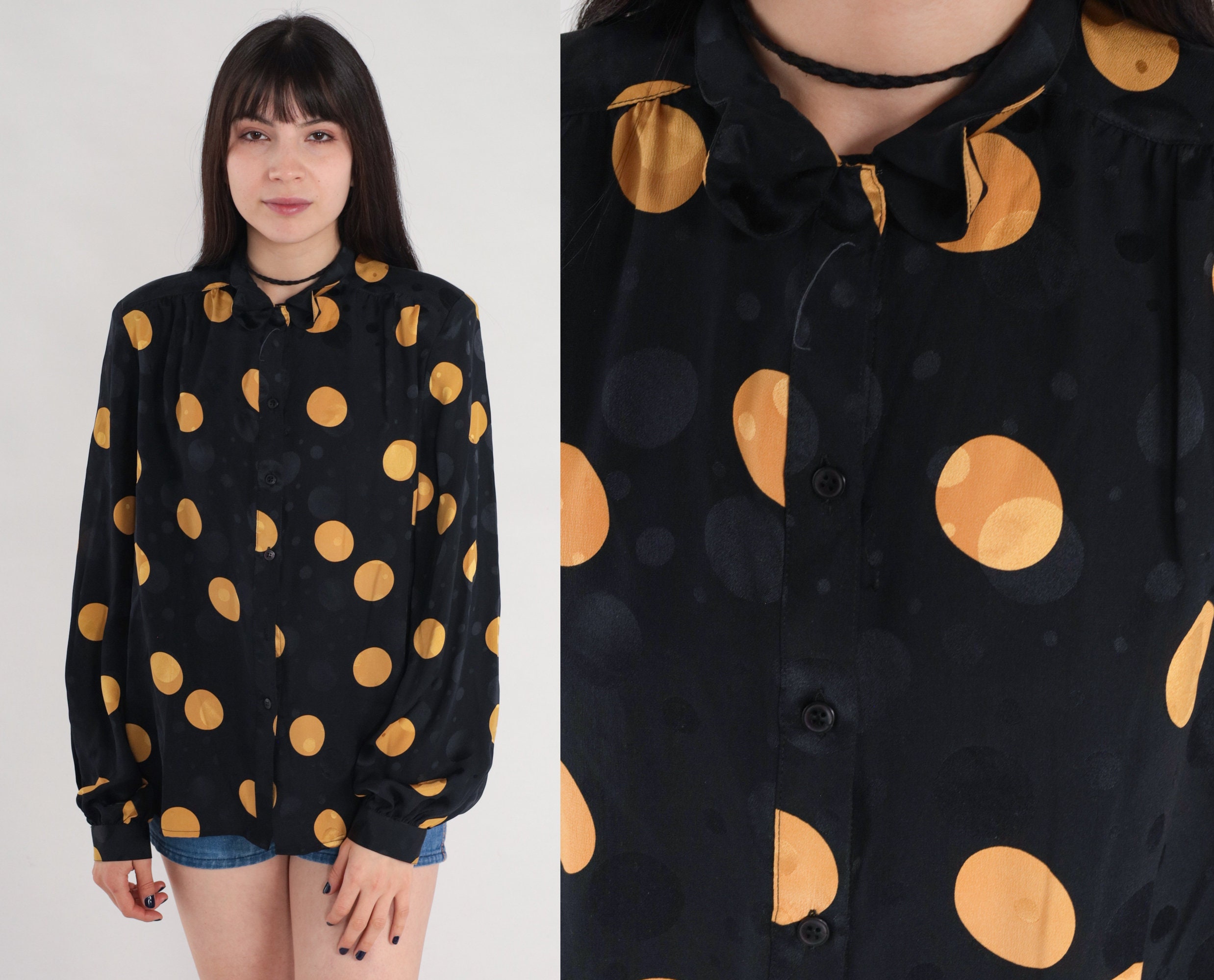 Yellow polka dot blouse sales