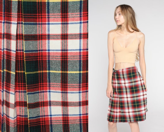 Plaid Wool Skirt 70s 80s Knee Length School Girl Skirt Pleated Tartan High Waist Leather Strap Preppy Lolita Red Vintage Extra Small S XS