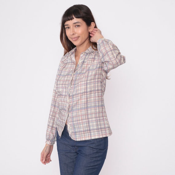 80s Plaid Blouse Pastel Button Up Shirt Checkered… - image 5