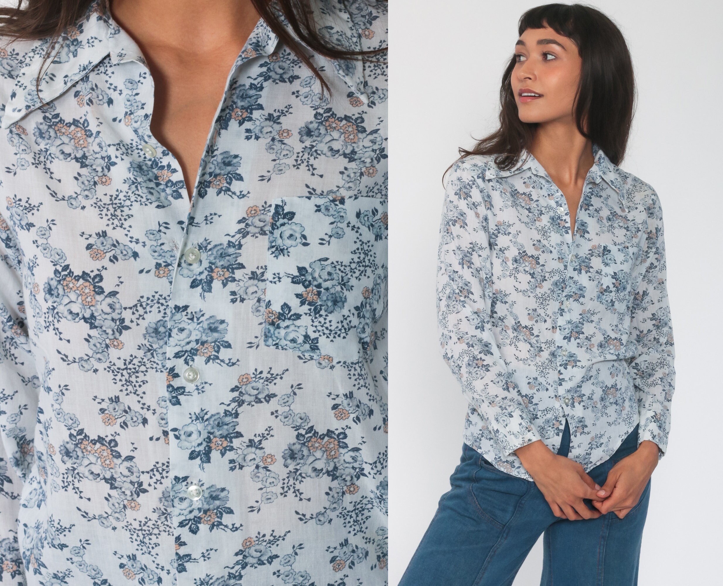 Blue Floral Blouse 70s Semi-sheer Boho 
