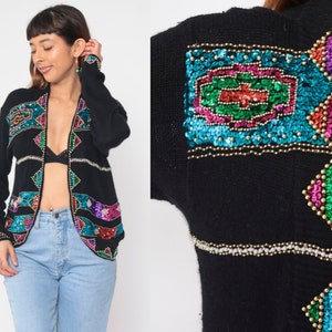 Beaded Sequin Cardigan 90s Sparkly Black Silk Angora Knit Sweater Open Front Geometric Formal Glam Knitwear Vintage 1990s Small S