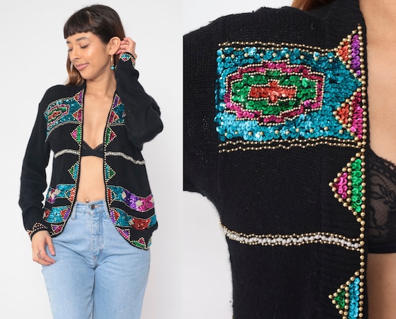 Beaded Sequin Cardigan 90s Sparkly Black Silk Angora Knit Sweater Open Front Geometric Formal Glam Knitwear Vintage 1990s Small S