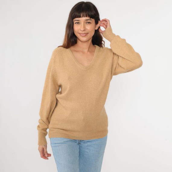 Vintage Tan Sweater V Neck Sweater Slouchy Plain Sweater 80s Knit Sweater Normcore Retro Small