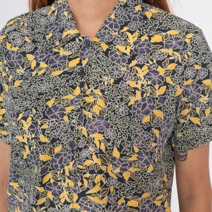 Black Floral Blouse 90s Button Up Shirt Retro Short Sleeve Top Flower Print Casual Hippie Summer 1990s Vintage Purple Yellow Small S image 7