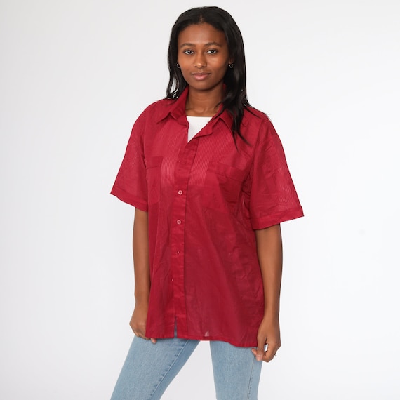 Red Button Up Shirt 70s Blouse Dagger Collar Sheer Boho 1970s Shirt Disco Top Vintage Collared Plain Hipster Short Sleeve Extra Large xl l